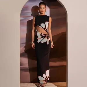 Black Dresses Women Summer New O-Neck Sleeveless Sexy Clubwear Hollow Out Dress Fashion Print Casual Elegant Slim Female Dresses 1