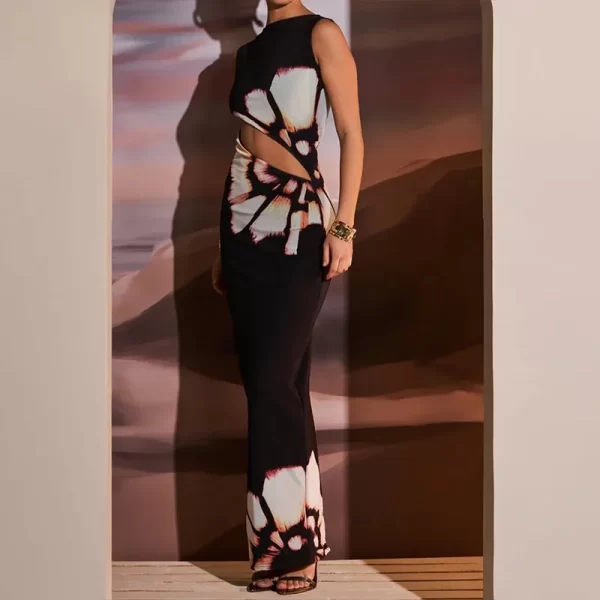 Black Dresses Women Summer New O-Neck Sleeveless Sexy Clubwear Hollow Out Dress Fashion Print Casual Elegant Slim Female Dresses 2