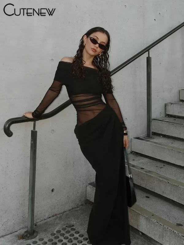 Cutenew Mesh Ruched Women Maxi Dress Sexy See Through Off Shoulder Long Sleeve Sheath Vestidos Female Midnight Party Solid Robe 3
