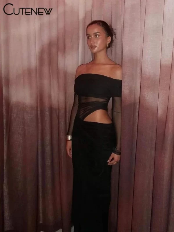 Cutenew Mesh Ruched Women Maxi Dress Sexy See Through Off Shoulder Long Sleeve Sheath Vestidos Female Midnight Party Solid Robe 6