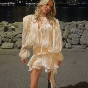 Elegant Ruffles Shiny Mini Dresses Fashion Solid Long Sleeve Lace Up V Neck Pleated Dress New Summer Party Women's Vestidos 2025 1