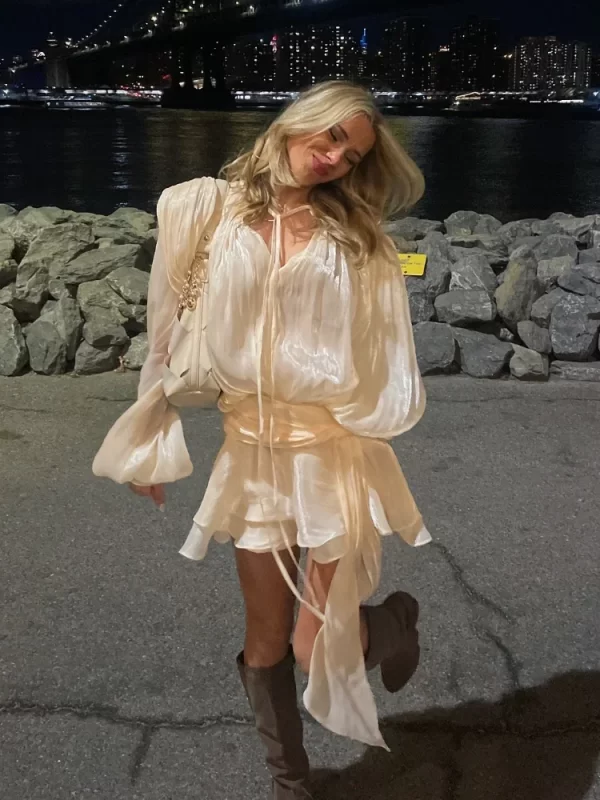 Elegant Ruffles Shiny Mini Dresses Fashion Solid Long Sleeve Lace Up V Neck Pleated Dress New Summer Party Women's Vestidos 2025 2