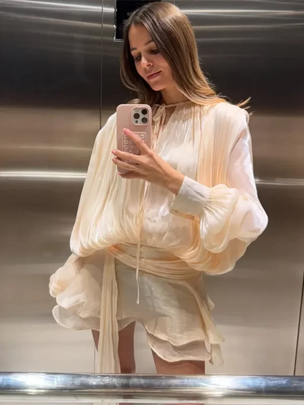 Elegant Ruffles Shiny Mini Dresses Fashion Solid Long Sleeve Lace Up V Neck Pleated Dress New Summer Party Women's Vestidos 2025 3