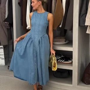 Fashion Denim Backless Dress Women's O-neck Lace Up Sleeveless High Waisted Pleated Dresses 2025 Summer New Lady Elegant Robe 1