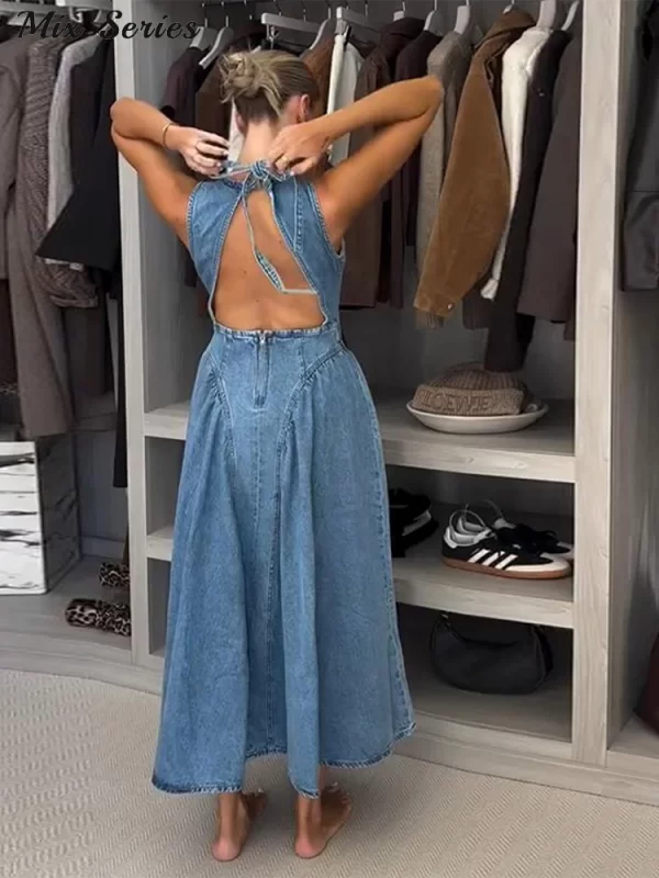Fashion Denim Backless Dress Women's O-neck Lace Up Sleeveless High Waisted Pleated Dresses 2025 Summer New Lady Elegant Robe 2