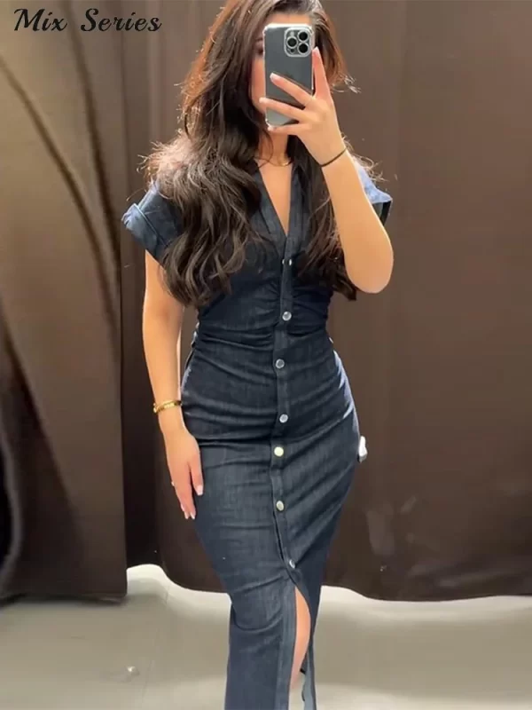 Fashion Denim Backless Dress Women's O-neck Lace Up Sleeveless High Waisted Pleated Dresses 2025 Summer New Lady Elegant Robe 6