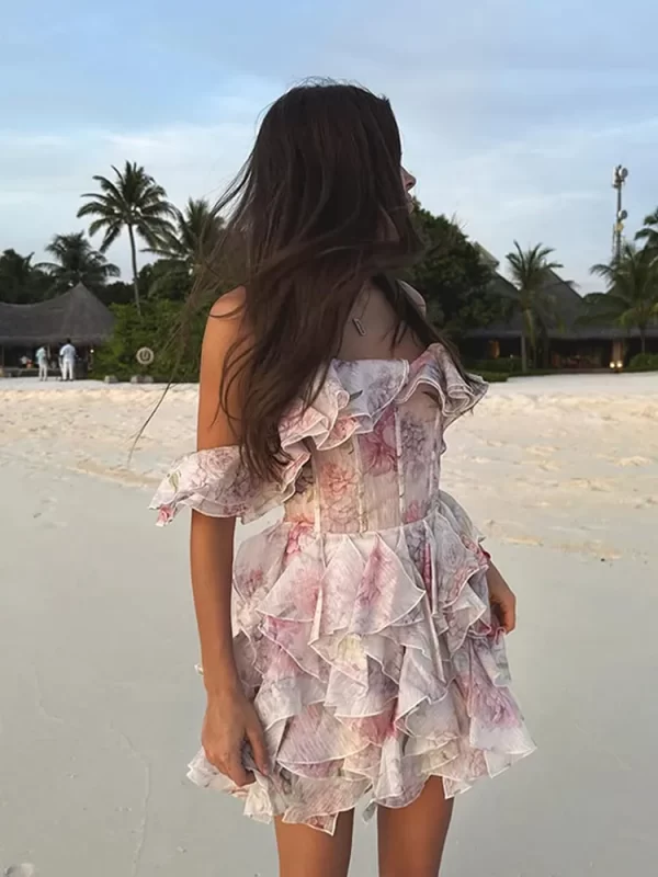 Fashion Flower Printed Ruffles Mini Dress For Women Chic Chiffon Bodycon High Waist Vestidos 2025 Lady Vacation Street Gowns New 2