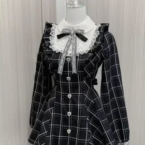 Harajuku Sweet Bow Black Plaid Dresses All-match Slim Fit Kawaii Lolita Dress for Women Autumn New Long Sleeve Vestidos De Mujer 1
