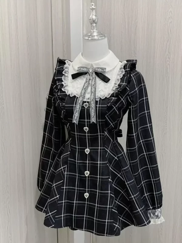 Harajuku Sweet Bow Black Plaid Dresses All-match Slim Fit Kawaii Lolita Dress for Women Autumn New Long Sleeve Vestidos De Mujer 1