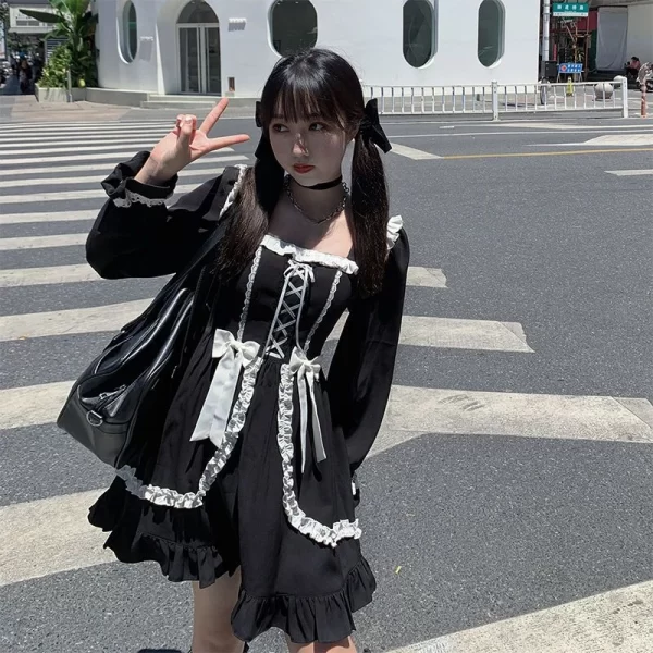 Harajuku Sweet Bow Black Plaid Dresses All-match Slim Fit Kawaii Lolita Dress for Women Autumn New Long Sleeve Vestidos De Mujer 2