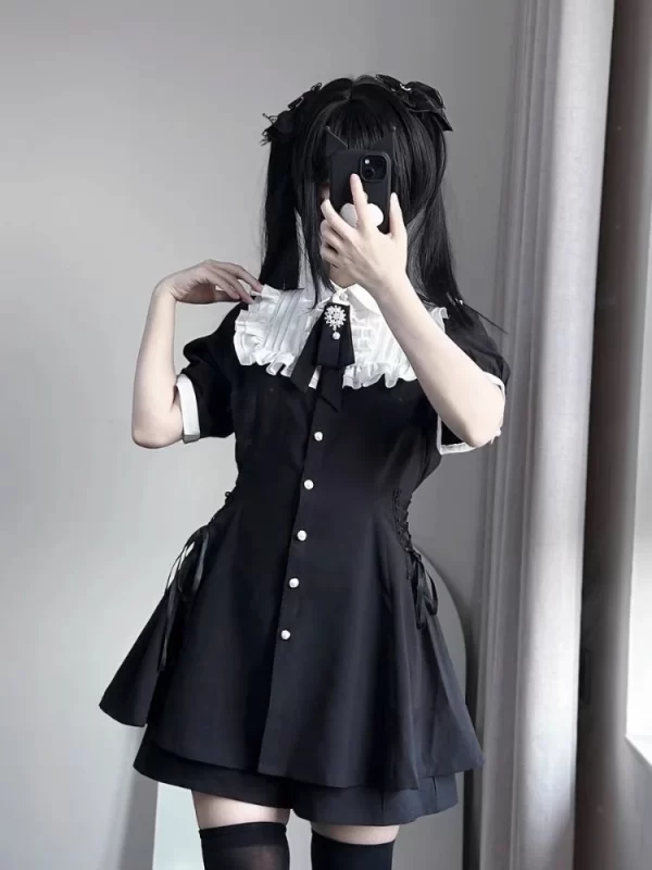 Harajuku Sweet Bow Black Plaid Dresses All-match Slim Fit Kawaii Lolita Dress for Women Autumn New Long Sleeve Vestidos De Mujer 3