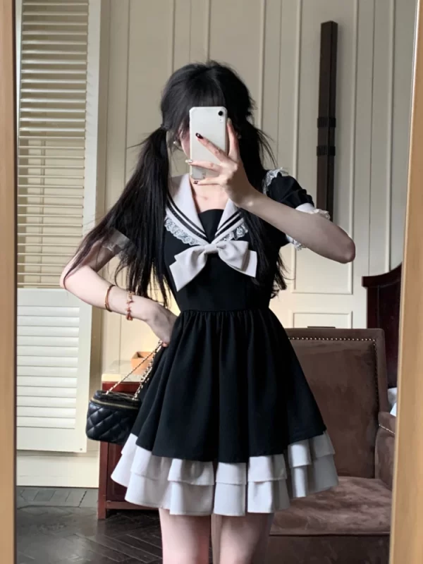 Harajuku Sweet Bow Black Plaid Dresses All-match Slim Fit Kawaii Lolita Dress for Women Autumn New Long Sleeve Vestidos De Mujer 4