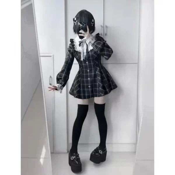 Harajuku Sweet Bow Black Plaid Dresses All-match Slim Fit Kawaii Lolita Dress for Women Autumn New Long Sleeve Vestidos De Mujer 5