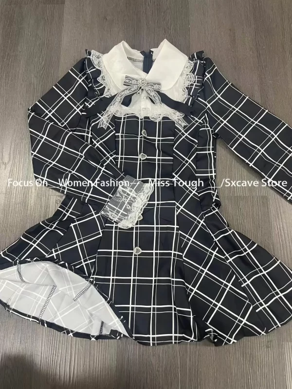 Harajuku Sweet Bow Black Plaid Dresses All-match Slim Fit Kawaii Lolita Dress for Women Autumn New Long Sleeve Vestidos De Mujer 6
