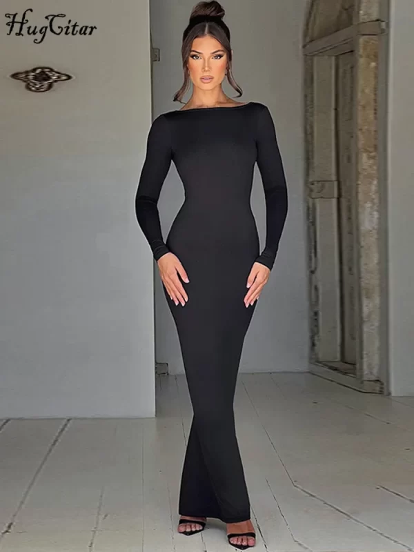 Hugcitar Spring Elegant Long Sleeve Backless Solid Cuched Sexy Bodycon Maxi Prom Dress Women Outfit Evening Party Festival Y2K 2