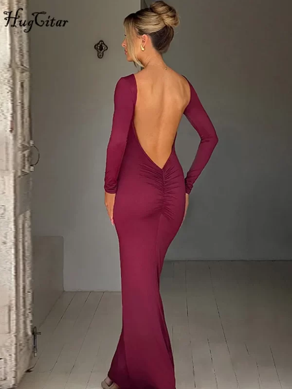 Hugcitar Spring Elegant Long Sleeve Backless Solid Cuched Sexy Bodycon Maxi Prom Dress Women Outfit Evening Party Festival Y2K 3