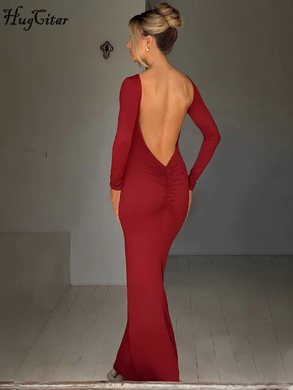 Hugcitar Spring Elegant Long Sleeve Backless Solid Cuched Sexy Bodycon Maxi Prom Dress Women Outfit Evening Party Festival Y2K 5