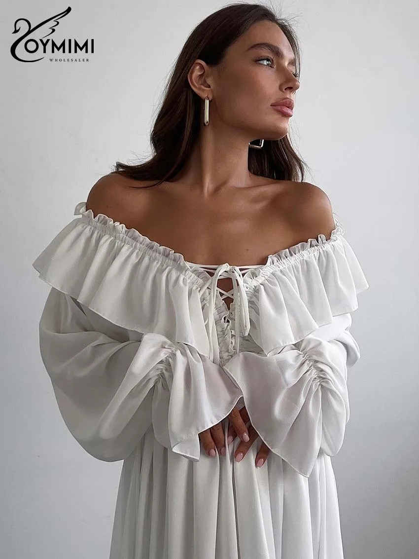 Oymimi Elegant White Ruffled Dresses 2025 Woman Fashion V-Neck Lace-Up Long Sleeve Dresses Casual High Waist Floor-Length Dress-16