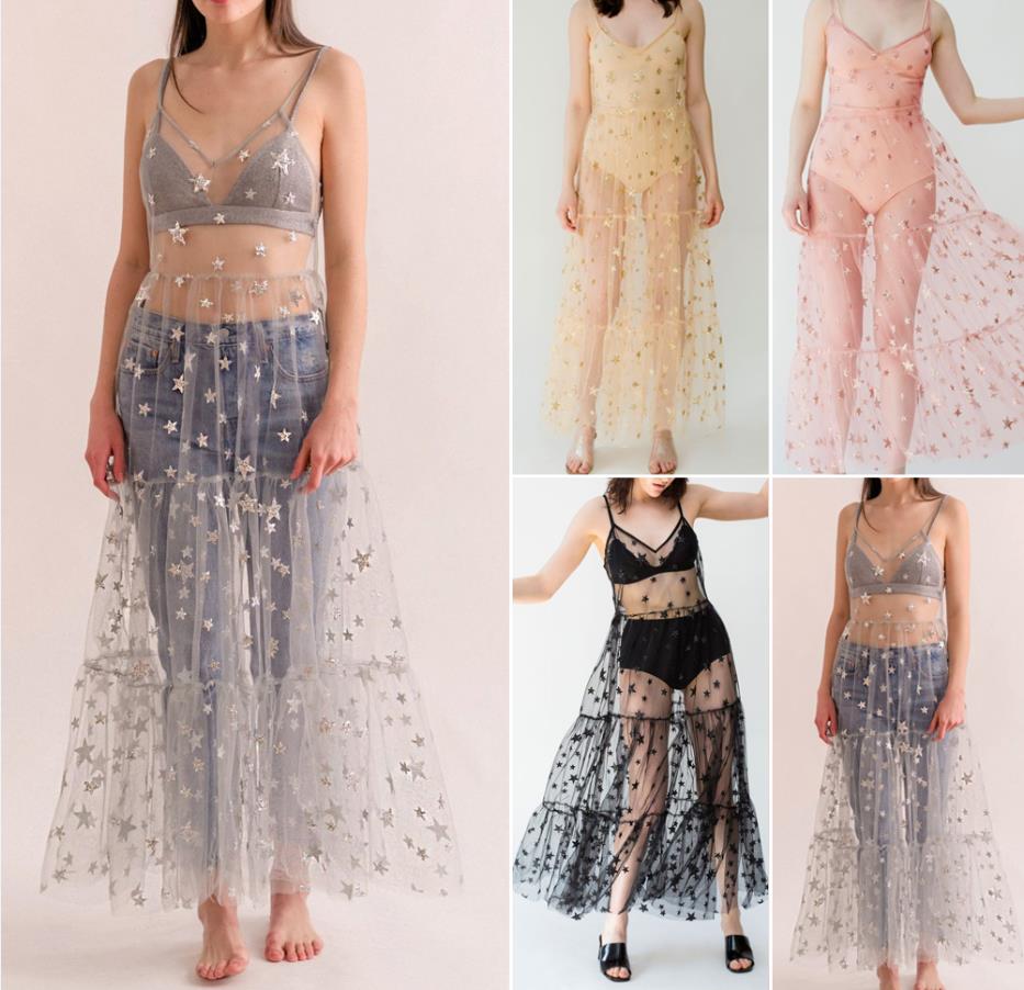 Clothing For Women Fashion Sexy Summer Sweet Tulle Spaghetti Straps See Through Long Dresses Bling Dress-2
