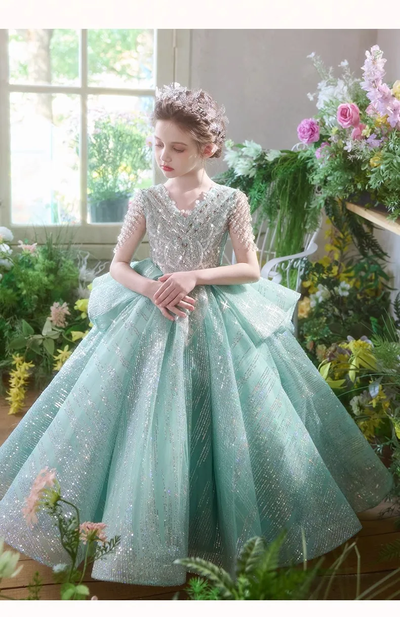 Elegant Fashion Girls Birthday Princess Dress Luxury Flower Girl Wedding Host Piano Recital Pageant Gown Sparkly Party Attire-13