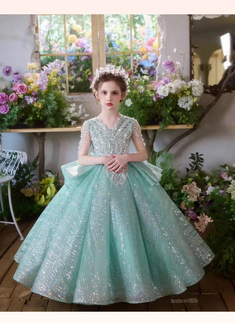 Elegant Fashion Girls Birthday Princess Dress Luxury Flower Girl Wedding Host Piano Recital Pageant Gown Sparkly Party Attire-9