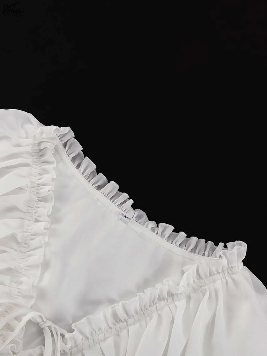 Oymimi Elegant White Ruffled Dresses 2025 Woman Fashion V-Neck Lace-Up Long Sleeve Dresses Casual High Waist Floor-Length Dress-6
