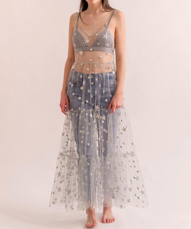 Clothing For Women Fashion Sexy Summer Sweet Tulle Spaghetti Straps See Through Long Dresses Bling Dress-6