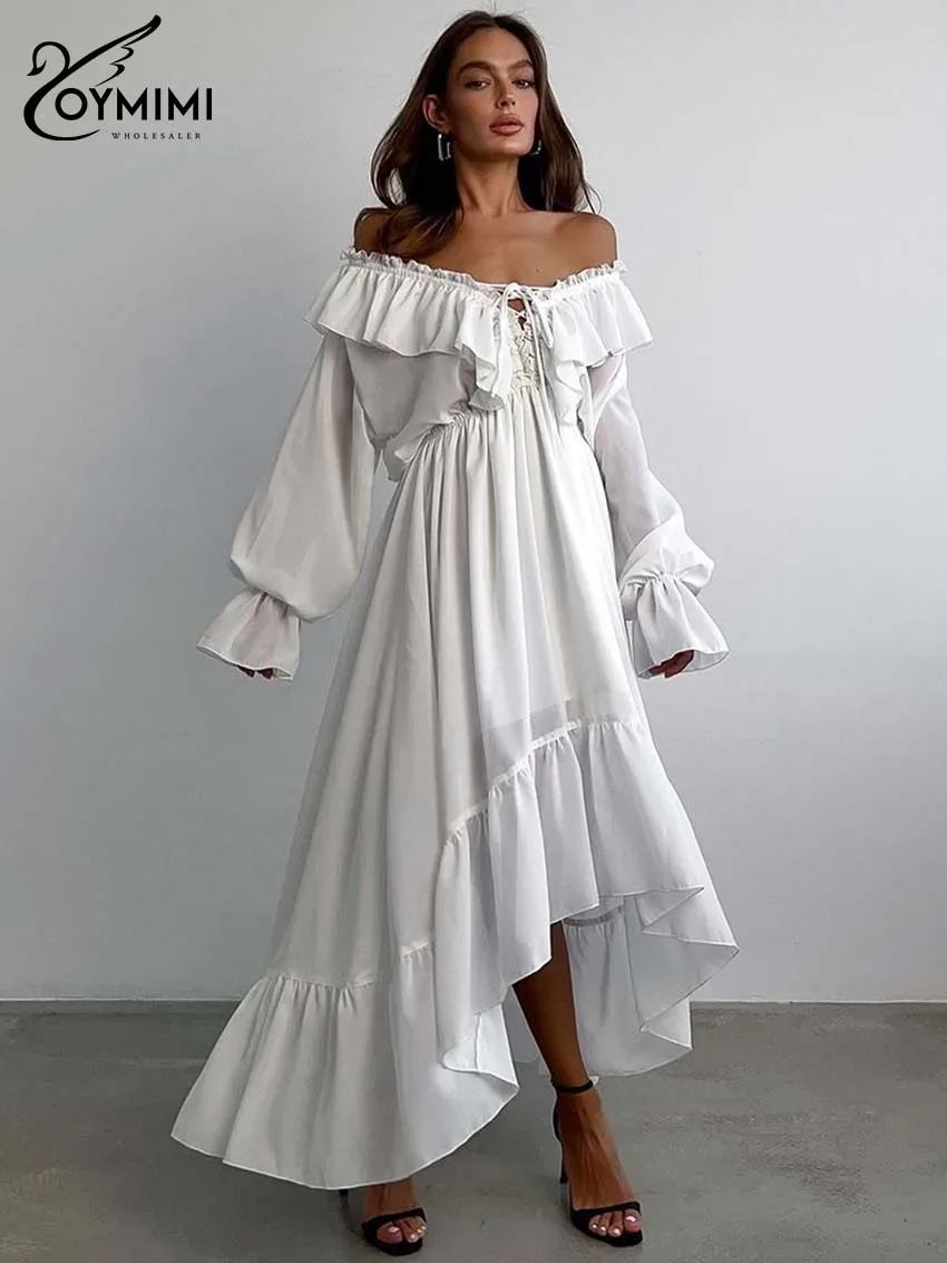 Oymimi Elegant White Ruffled Dresses 2025 Woman Fashion V-Neck Lace-Up Long Sleeve Dresses Casual High Waist Floor-Length Dress-13