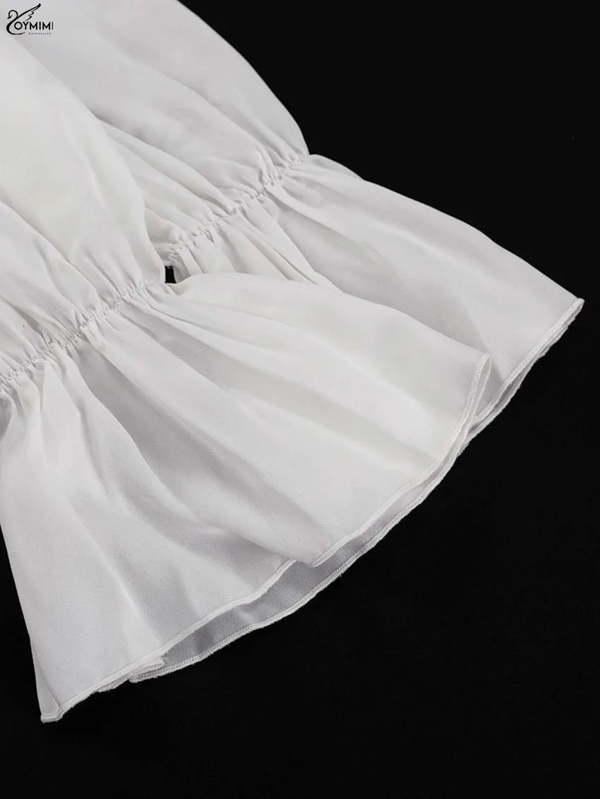 Oymimi Elegant White Ruffled Dresses 2025 Woman Fashion V-Neck Lace-Up Long Sleeve Dresses Casual High Waist Floor-Length Dress-9