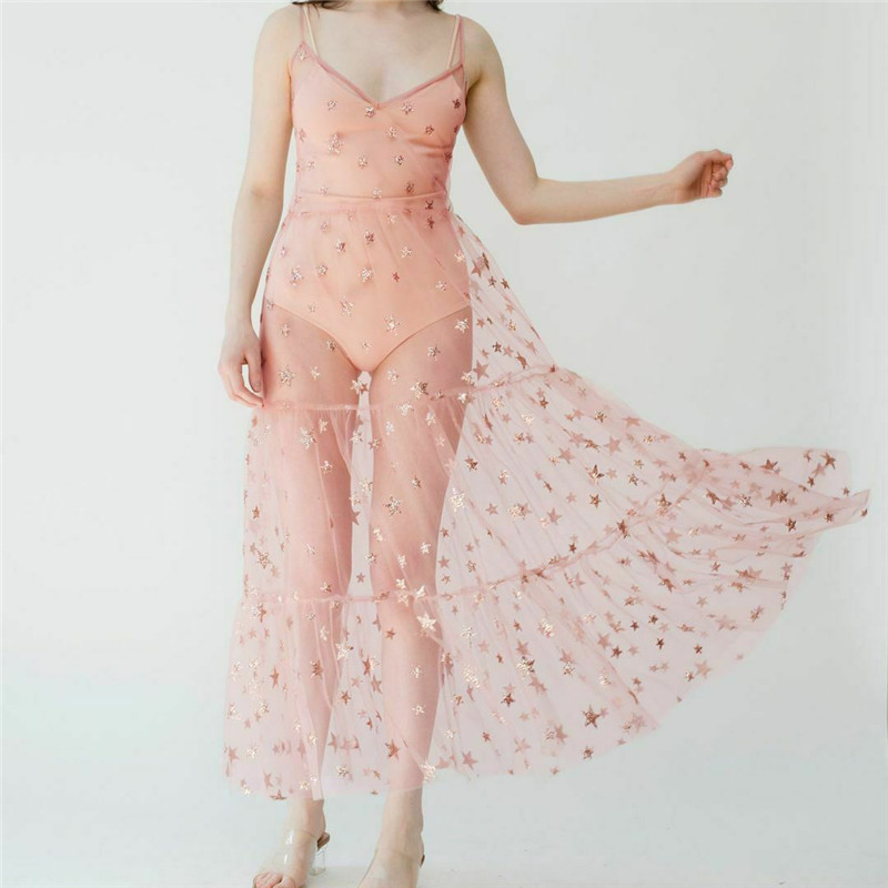 Clothing For Women Fashion Sexy Summer Sweet Tulle Spaghetti Straps See Through Long Dresses Bling Dress-11