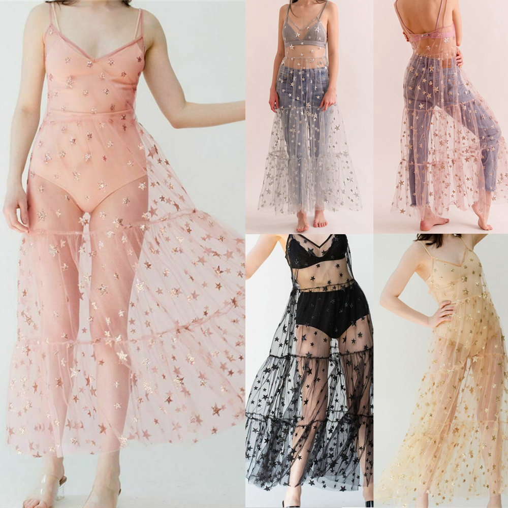 Clothing For Women Fashion Sexy Summer Sweet Tulle Spaghetti Straps See Through Long Dresses Bling Dress-4
