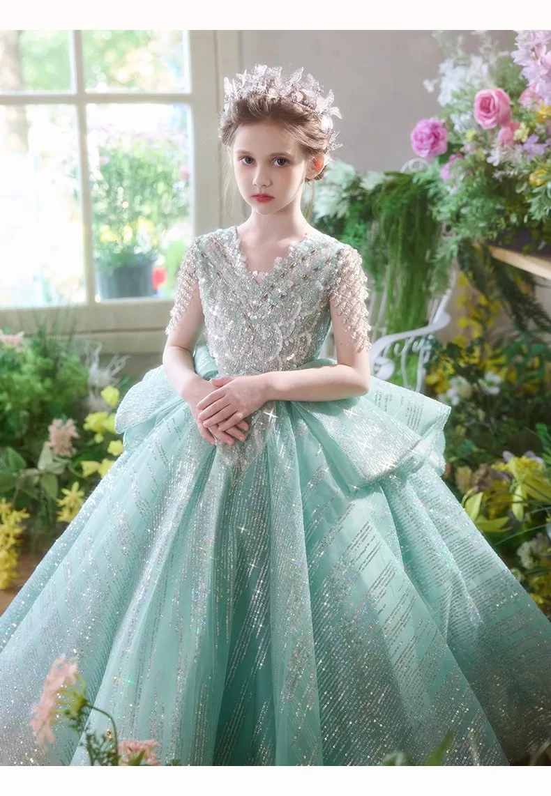 Elegant Fashion Girls Birthday Princess Dress Luxury Flower Girl Wedding Host Piano Recital Pageant Gown Sparkly Party Attire-14