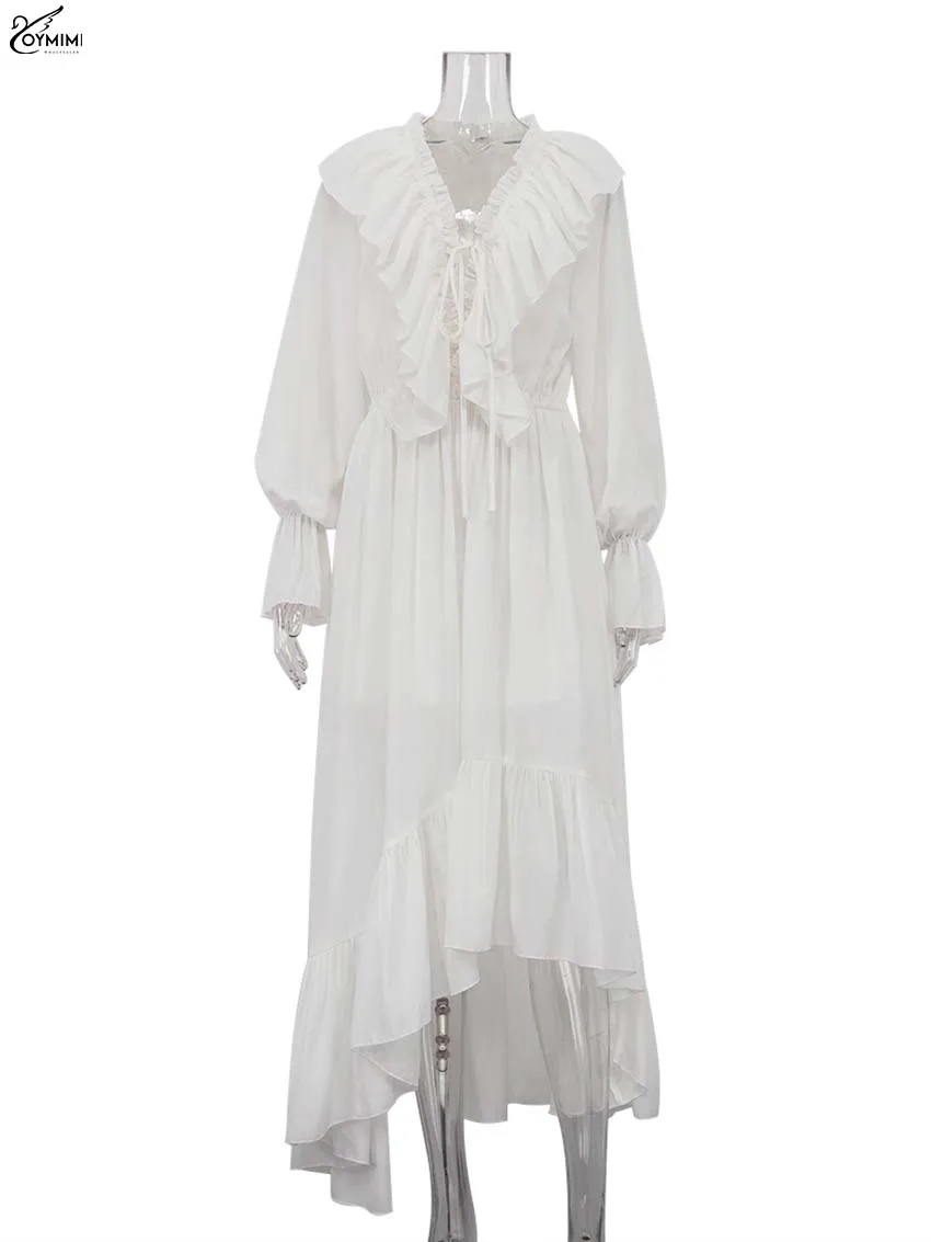 Oymimi Elegant White Ruffled Dresses 2025 Woman Fashion V-Neck Lace-Up Long Sleeve Dresses Casual High Waist Floor-Length Dress-4