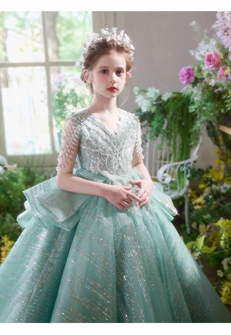 Elegant Fashion Girls Birthday Princess Dress Luxury Flower Girl Wedding Host Piano Recital Pageant Gown Sparkly Party Attire-16