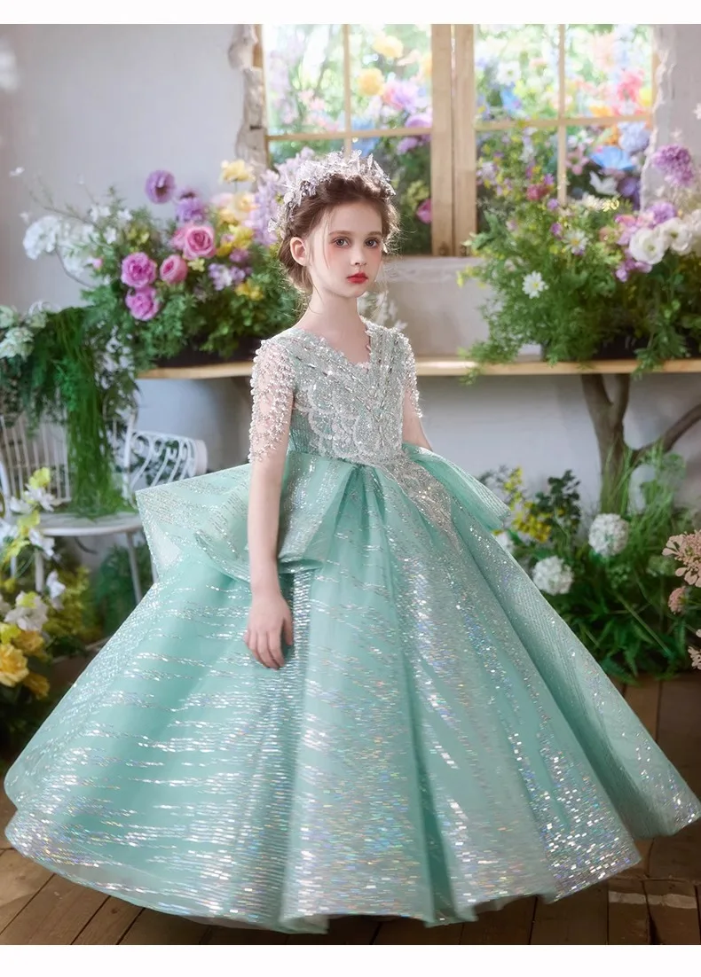 Elegant Fashion Girls Birthday Princess Dress Luxury Flower Girl Wedding Host Piano Recital Pageant Gown Sparkly Party Attire-15