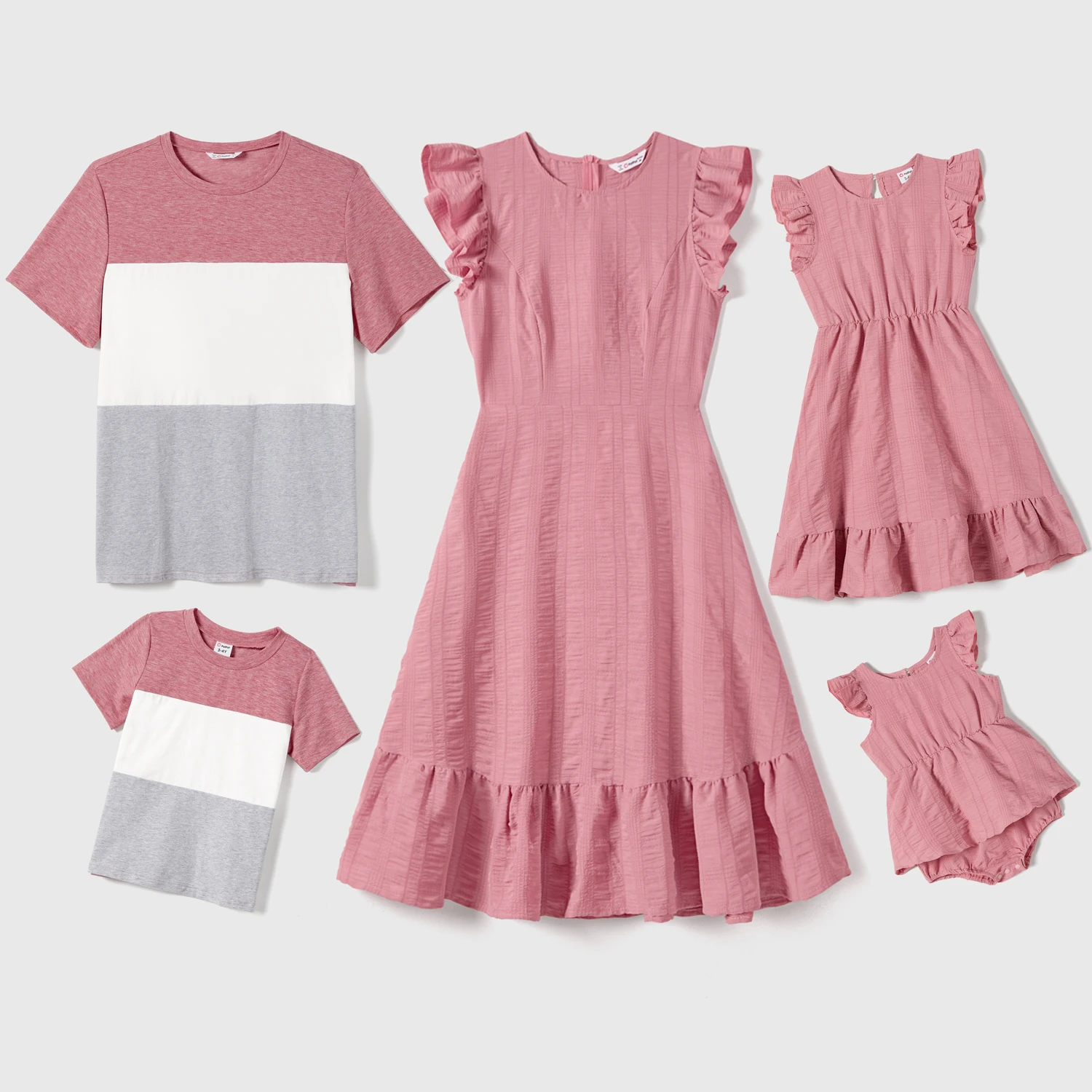 PatPat Family Matching Pink Ruffle-sleeve Texture Dresses and Color Block Short-sleeve T-shirts Sets-1