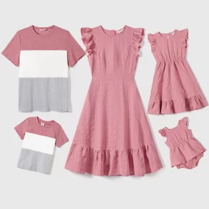 PatPat Family Matching Pink Ruffle-sleeve Texture Dresses and Color Block Short-sleeve T-shirts Sets