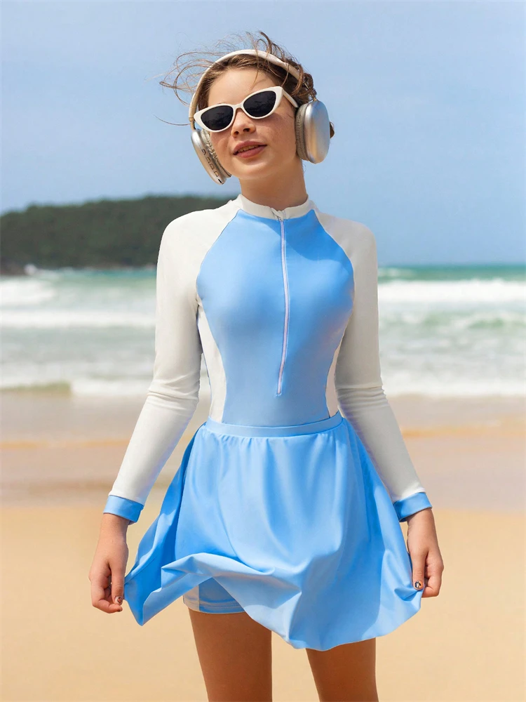 Girls Kids Swimsuit 2025 New Solid Long Sleeve One Piece Children Swimwear Summer Bodysuit Short Skirt Beach Wear Bathing Suits-2 Girls Kids Swimsuit 2025 New Solid Long Sleeve One Piece Children Swimwear Summer Bodysuit Short Skirt Beach Wear Bathing Suits-2