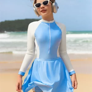 Girls Kids Swimsuit 2025 New Solid Long Sleeve One Piece Children Swimwear Summer Bodysuit Short Skirt Beach Wear Bathing Suits