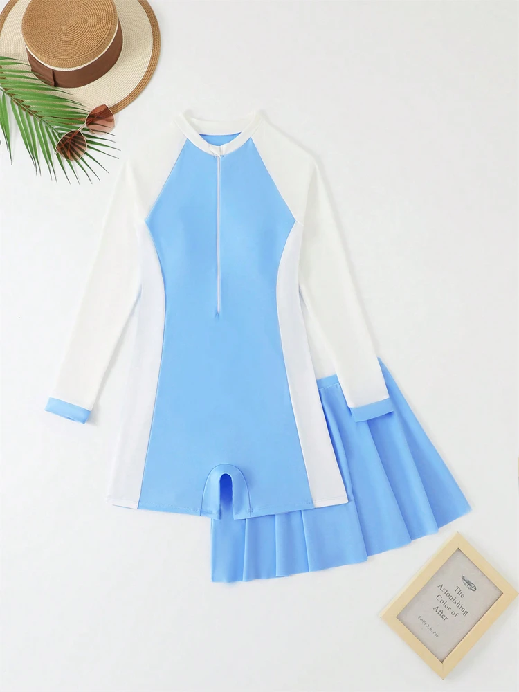 Girls Kids Swimsuit 2025 New Solid Long Sleeve One Piece Children Swimwear Summer Bodysuit Short Skirt Beach Wear Bathing Suits-7 Girls Kids Swimsuit 2025 New Solid Long Sleeve One Piece Children Swimwear Summer Bodysuit Short Skirt Beach Wear Bathing Suits-7