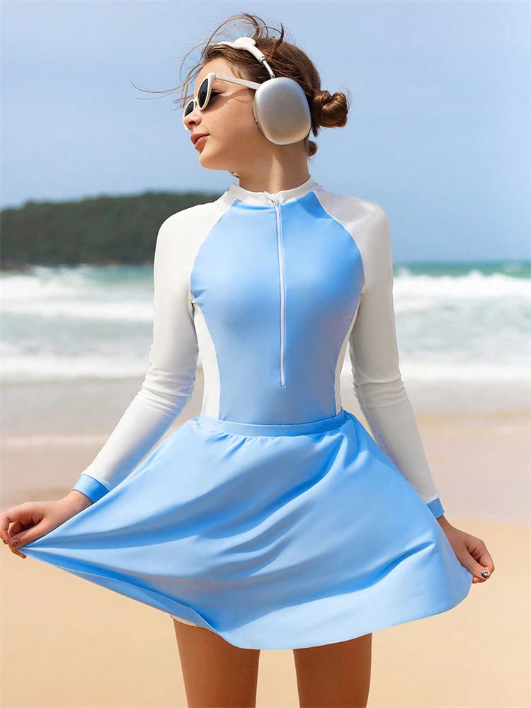 Girls Kids Swimsuit 2025 New Solid Long Sleeve One Piece Children Swimwear Summer Bodysuit Short Skirt Beach Wear Bathing Suits-3 Girls Kids Swimsuit 2025 New Solid Long Sleeve One Piece Children Swimwear Summer Bodysuit Short Skirt Beach Wear Bathing Suits-3