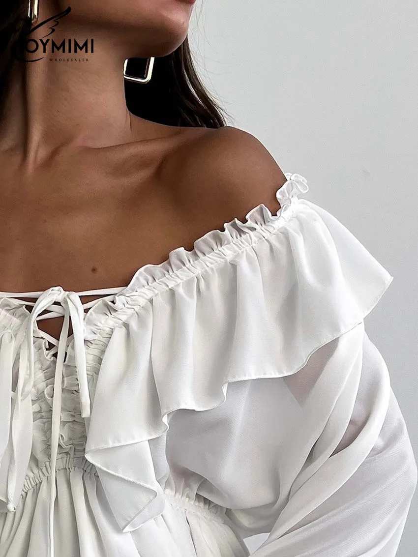 Oymimi Elegant White Ruffled Dresses 2025 Woman Fashion V-Neck Lace-Up Long Sleeve Dresses Casual High Waist Floor-Length Dress-15