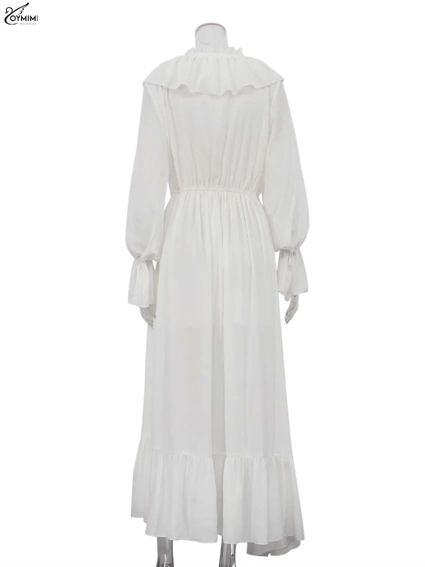 Oymimi Elegant White Ruffled Dresses 2025 Woman Fashion V-Neck Lace-Up Long Sleeve Dresses Casual High Waist Floor-Length Dress-5