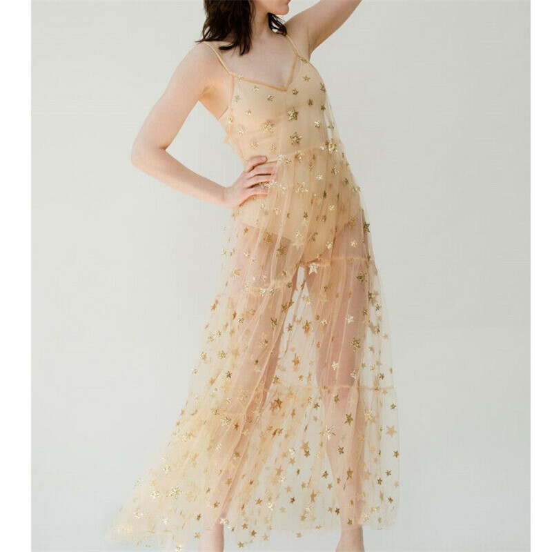Clothing For Women Fashion Sexy Summer Sweet Tulle Spaghetti Straps See Through Long Dresses Bling Dress-13