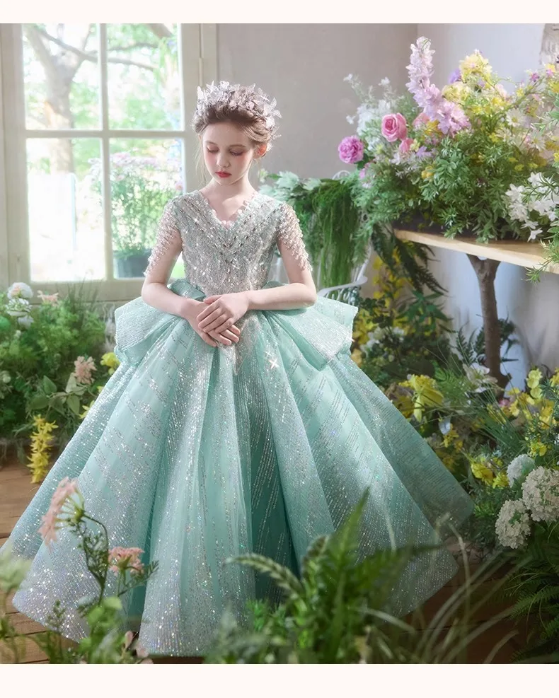 Elegant Fashion Girls Birthday Princess Dress Luxury Flower Girl Wedding Host Piano Recital Pageant Gown Sparkly Party Attire-10