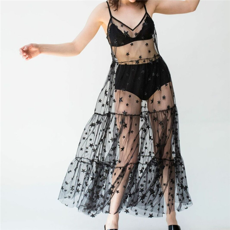 Clothing For Women Fashion Sexy Summer Sweet Tulle Spaghetti Straps See Through Long Dresses Bling Dress-9