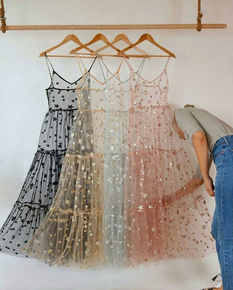 Clothing For Women Fashion Sexy Summer Sweet Tulle Spaghetti Straps See Through Long Dresses Bling Dress-5