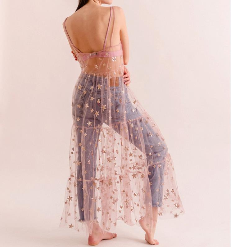 Clothing For Women Fashion Sexy Summer Sweet Tulle Spaghetti Straps See Through Long Dresses Bling Dress-12