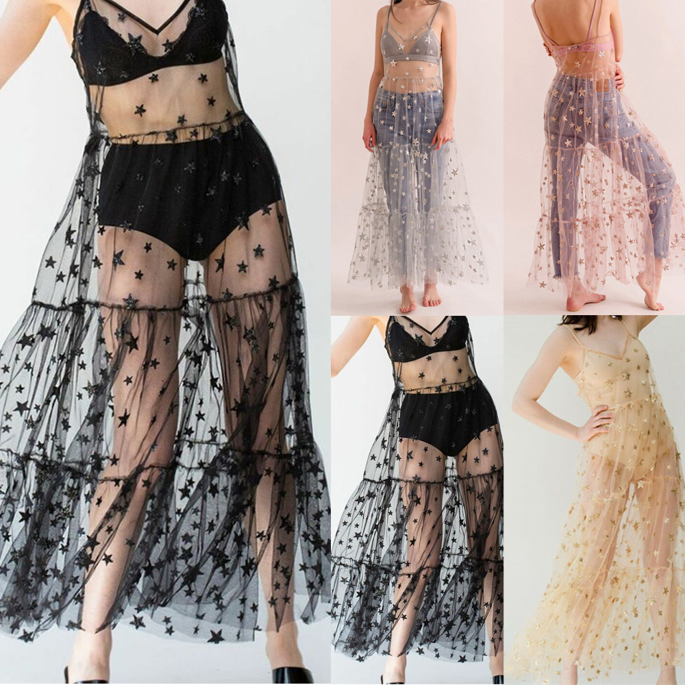 Clothing For Women Fashion Sexy Summer Sweet Tulle Spaghetti Straps See Through Long Dresses Bling Dress-3
