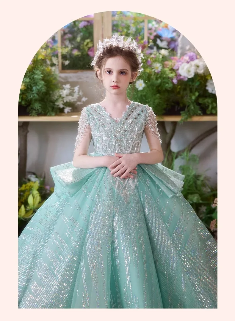Elegant Fashion Girls Birthday Princess Dress Luxury Flower Girl Wedding Host Piano Recital Pageant Gown Sparkly Party Attire-3
